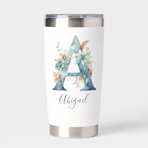 Monogram Initial A Blue Floral Watercolor Gift Her Insulated Tumbler
