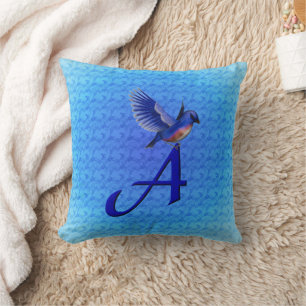 Monogram Initial A Bluebird Throw Pillow