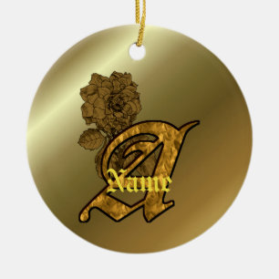 Monogram Initial A Elegant Gold Peony Personalized Ceramic Ornament