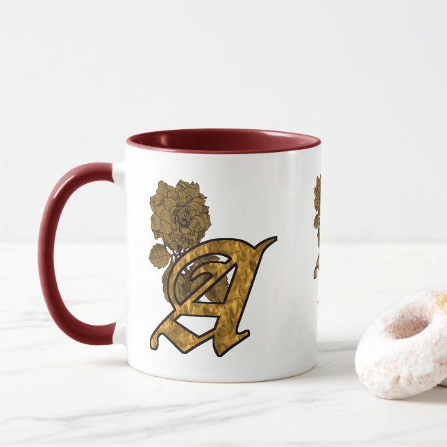 Monogram Initial A Elegant Gold Peony Personalized Mug (With Donut)