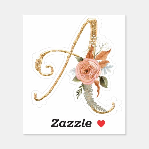 Monogram Initial A Gold Glitter Peony Rose Floral Sticker