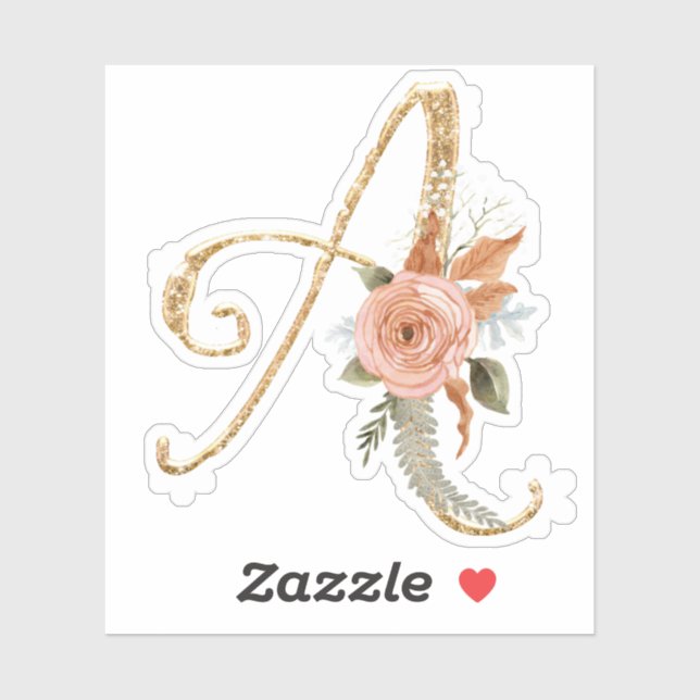 Monogram Initial A Gold Glitter Peony Rose Floral Sticker (Sheet)