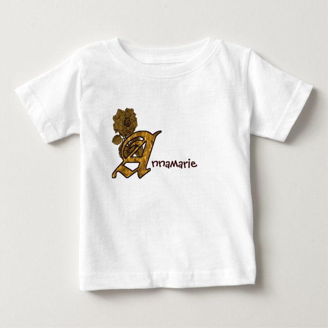 Monogram Initial A Gold Peony Personalized Baby T-Shirt (Front)