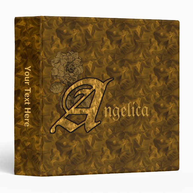 Monogram Initial A Gold Satin Peony Personalized 3 Ring Binder (Front/Spine)