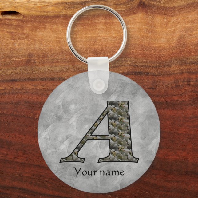 Monogram Initial A Hydrangea Flowers Personalized Keychain (Front)