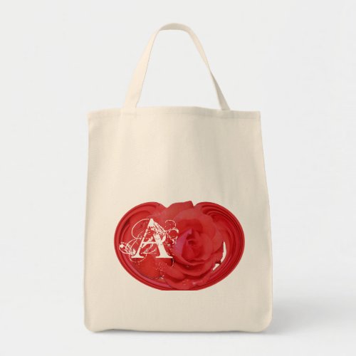 Monogram Initial A Rose Floral Tote Bag