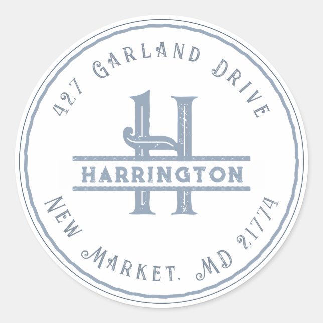 Monogram Initial Address Personalized Grunge Blue Classic Round Sticker (Front)