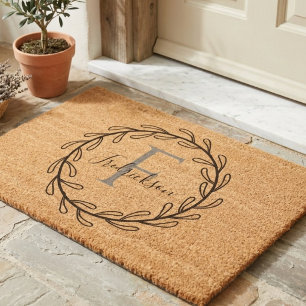 Monogram Initial and Family Name Olive Wreath Fiber Doormat
