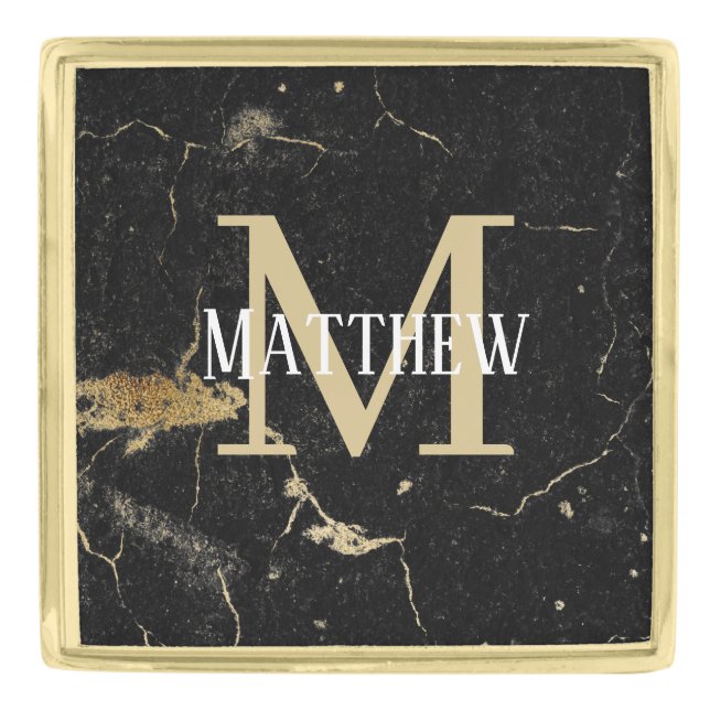 Monogram Initial and Name Gold Black Marble Finish Lapel Pin (Front)