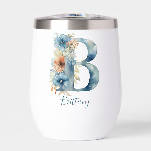 Monogram Initial B Blue Floral Watercolor Gift Her Thermal Wine Tumbler