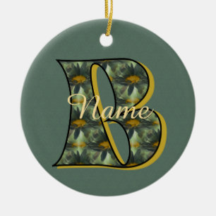 Monogram Initial B Daisies Floral Personalized Ceramic Ornament