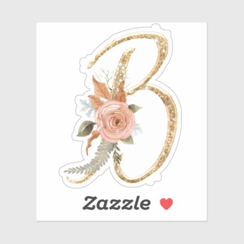 Monogram Initial B Gold Glitter Peony Rose Floral Sticker