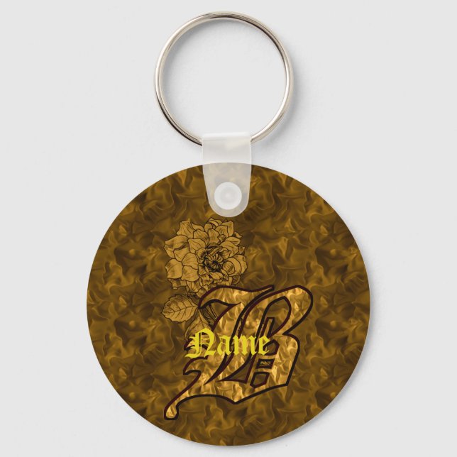 Monogram Initial B Gold Peony Flower Personalized Keychain (Front)