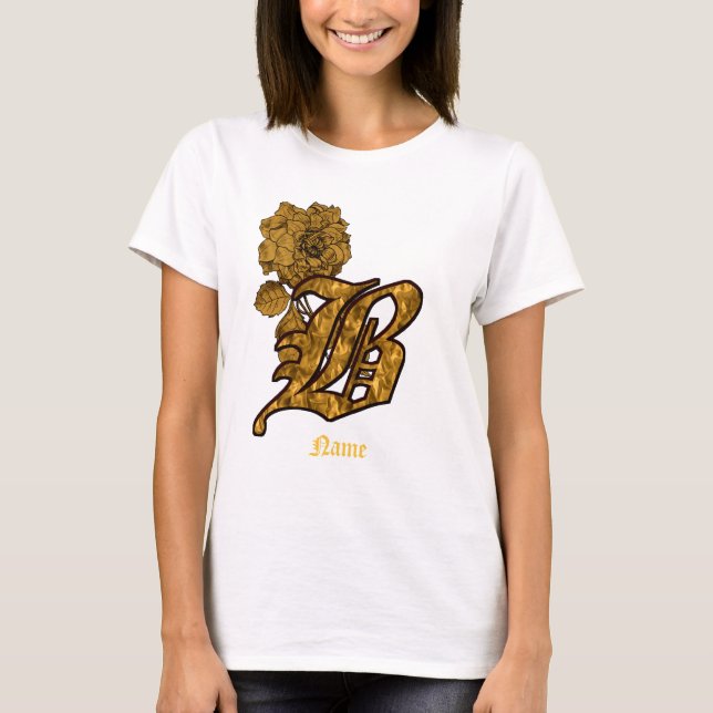 Monogram Initial B Gold Peony Flower Personalized T-Shirt (Front)