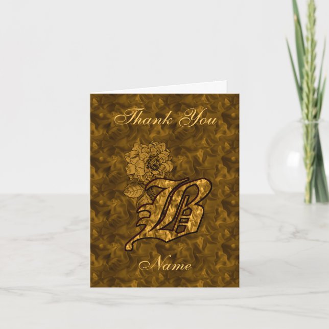 Monogram Initial B Gold Satin Peony Personalized Letterpress Thank You Card (Front)