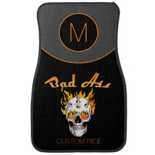 Monogram Initial Bad A Flaming Skull Grey Black Car Floor Mat