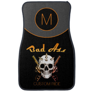 Monogram Initial Bad A Skull Guns Orange Black Car Floor Mat