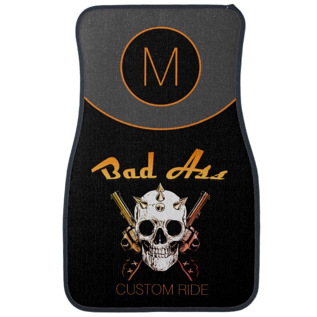 Monogram Initial Bad A Skull Guns Orange Black Car Floor Mat (Front)