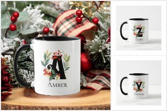 Monogram Initial Berry Wreath Christmas Coffee Mug