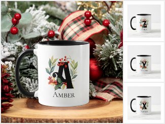 Monogram Initial Berry Wreath Christmas Coffee Mug