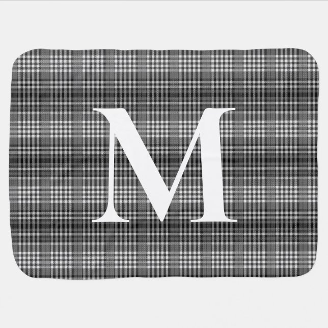 Monogram Initial Black and White Plaid Baby Blanket (Horizontal)