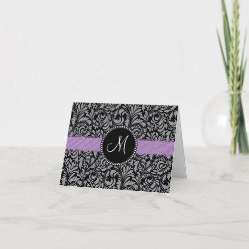 Monogram Initial Black Floral Damask Purple Ribbon Note Card