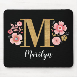 Monogram Initial Black Floral Mouse Pad