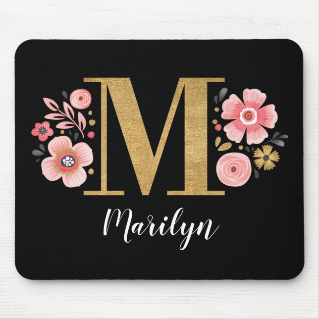 Monogram Initial Black Floral Mouse Pad (Front)