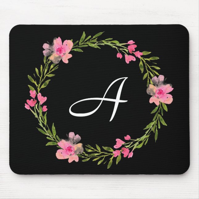 Monogram Initial Black Floral Mouse Pad (Front)