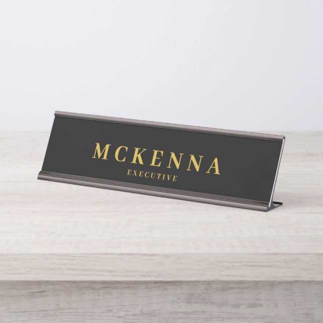 Monogram Initial Black Gold Executive Employee  Desk Name Plate (Front)