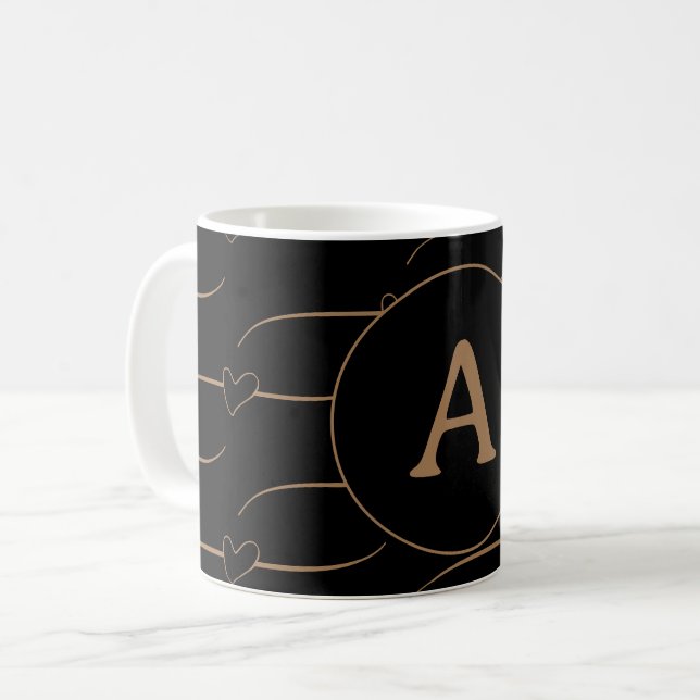 Monogram Initial Black Gold Hearts Coffee Mug (Front Left)