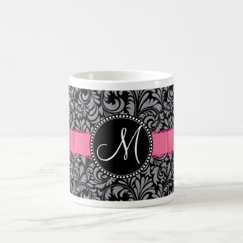 Monogram Initial Black Gray Damask Floral Pattern Coffee Mug by PrettyPatternsGifts at Zazzle
