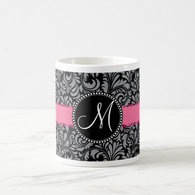 Monogram Initial Black Gray Damask Floral Pattern Coffee Mug (Center)
