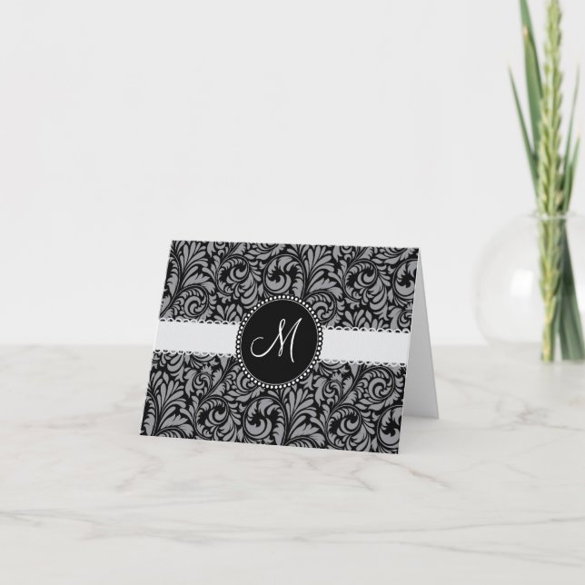 Monogram Initial Black Gray Damask Floral Pattern Note Card (Front)