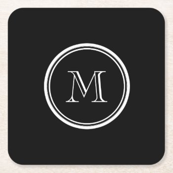 Monogram Initial Black High End Colored Square Paper Coaster by GraphicsByMimi at Zazzle