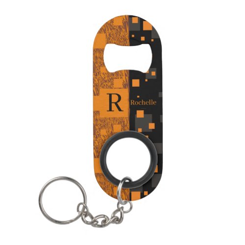 Monogram Initial Black Orange Squares Float Art Keychain Bottle Opener