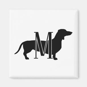 Monogram Initial Black & White Doxie Silhouette Magnet