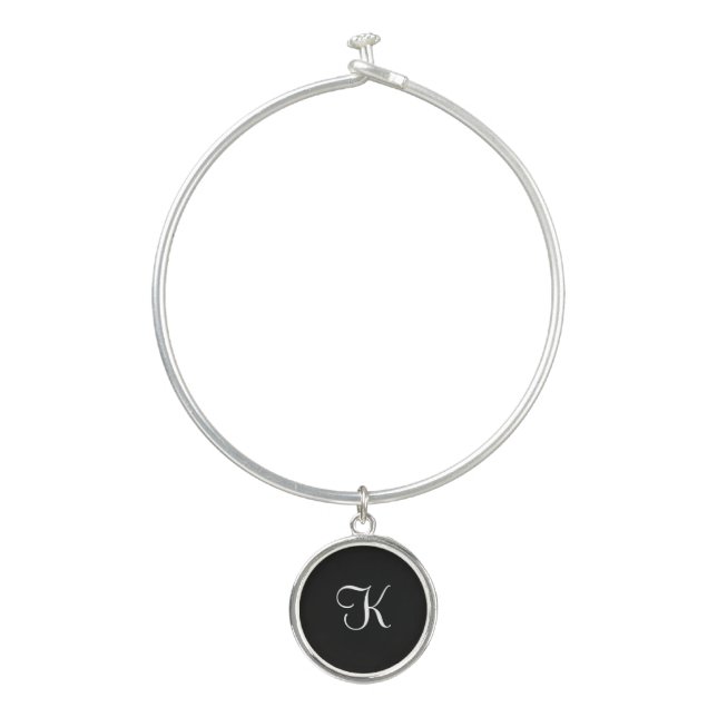 Monogram Initial Black White Minimalist Gift Her Bangle Bracelet (Front)