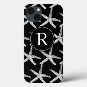 Monogram Initial Black White Starfish Pattern Cute iPhone 13 Case