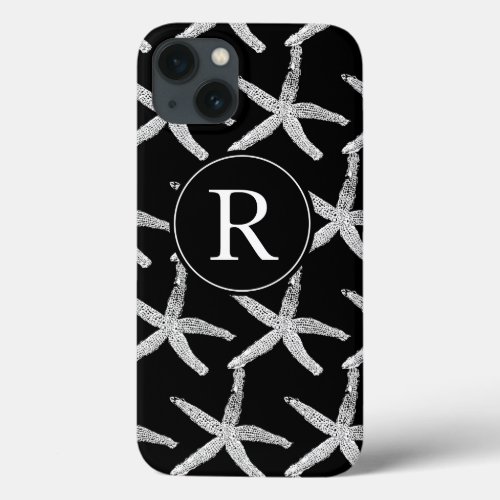 Monogram Initial Black White Starfish Pattern Cute iPhone 13 Case