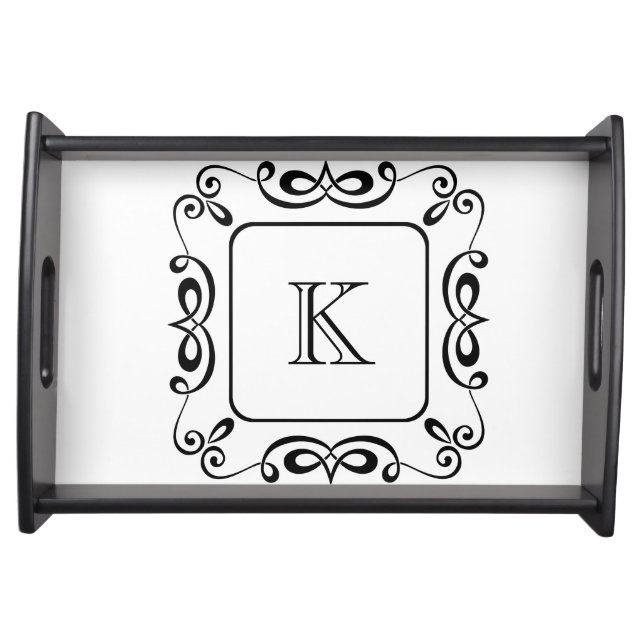 Monogram Initial Black White Swirl Flourish Gift Serving Tray (Front)