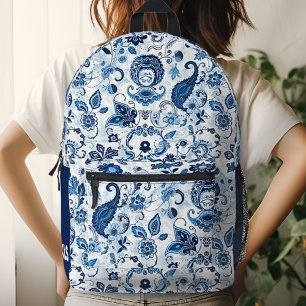Monogram Initial Blue and White Paisley Printed Backpack