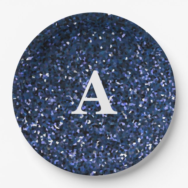 Monogram Initial Blue Glitter White Custom Name Paper Plates (Front)