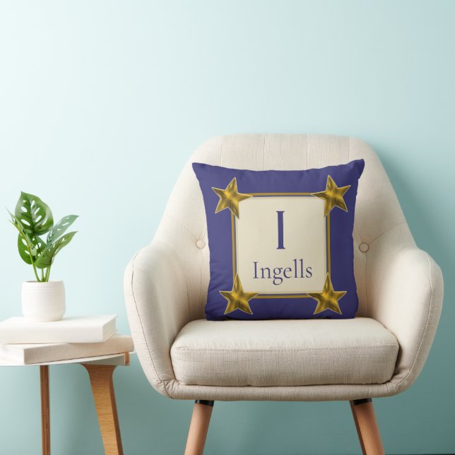 Monogram Initial Blue Gold Stars Wedding Keepsake Throw Pillow (Chair)