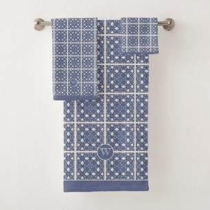 Monogram Initial Blue Grey Mediterranean Tile Bath Towel Set