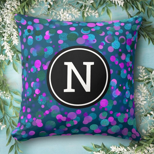 Monogram initial blue purple confetti dots on teal throw pillow