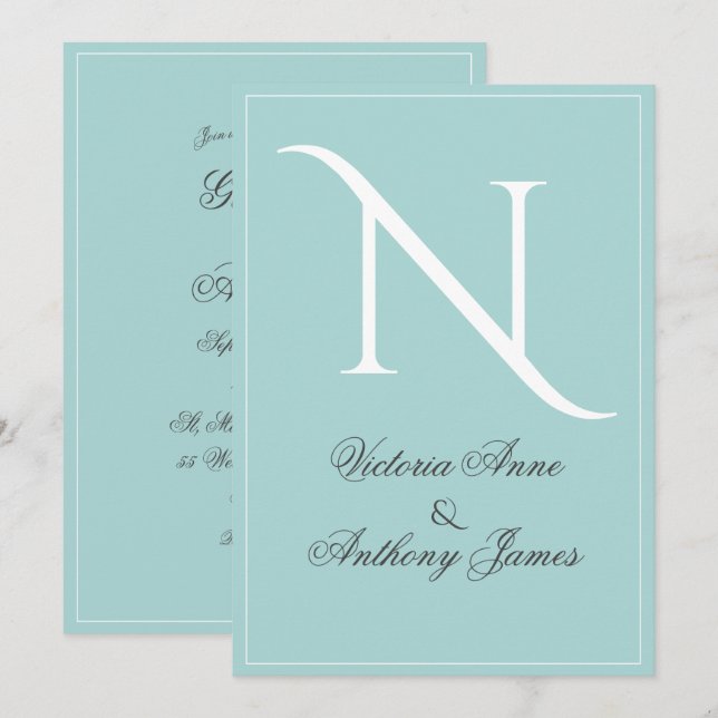 Monogram Initial Blue White Frame Wedding  Invitation (Front/Back)