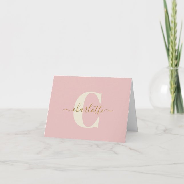 Monogram Initial Blush Pink Gold Script First Name Thank You Card (Front)