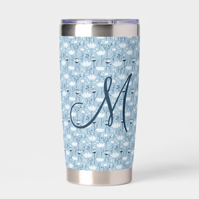 Monogram Initial Boho Blue White Florals Trendy  Insulated Tumbler (Front)