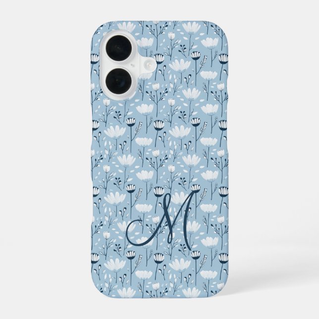 Monogram Initial Boho Blue White Florals Trendy  Iphone Case (Back)
